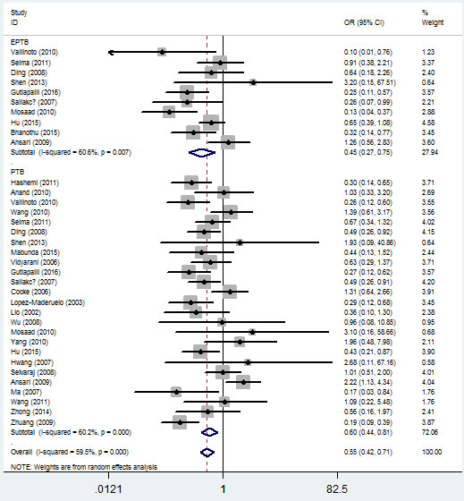 Forest plot of tuberculosis risk associated with