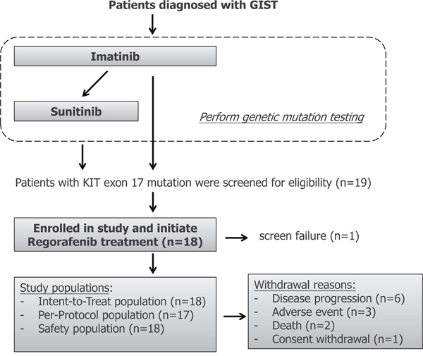 Flowchart for patient selection for regorafenib treatment in patients with metastatic and/or unresectable gastrointestinal stromal tumors harboring secondary mutations of exon 17.