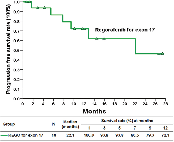 Kaplan&#x2013;Meier plot of progression free survival in patients with gastrointestinal stromal tumor with exon 17 mutations treated with regorafenib.