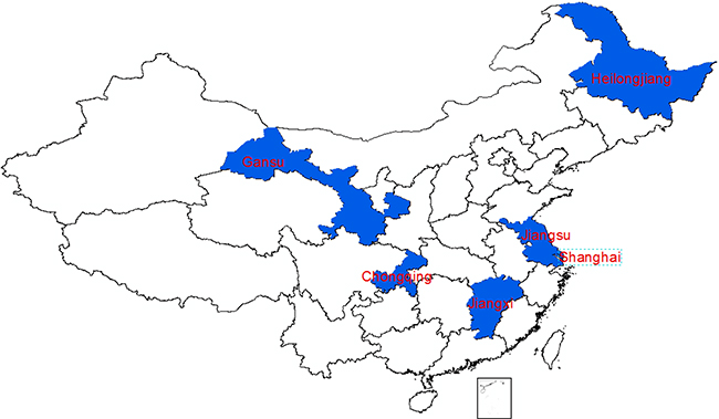 The geographical distribution of the selected provinces in China