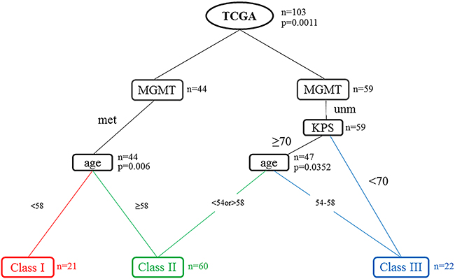 Recursive partitioning analysis (RPA) tree for the 103 patients in the TCGA data set.