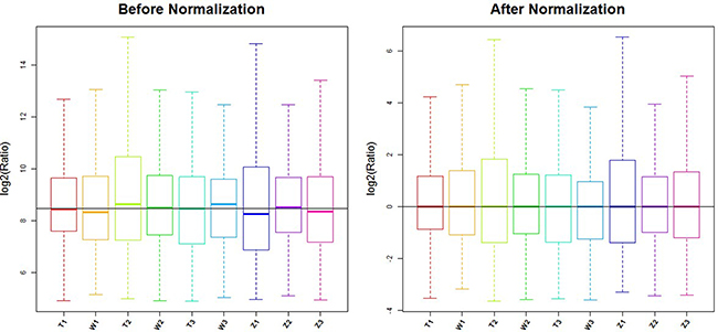 Box plot: after normalization, the median line of 9 samples were equal.