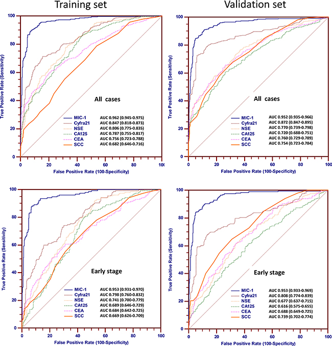 Biomarker ROC curves for cases and controls assigned to the training group and validation group.