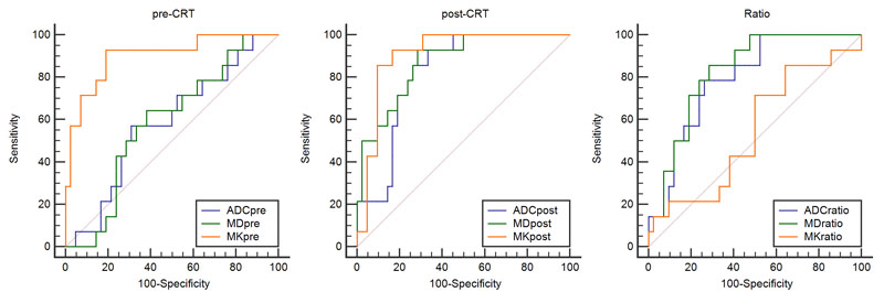 The receiver operating characteristic (ROC) curve analysis was performed to characterize each parameter for predicting the CRT outcome.