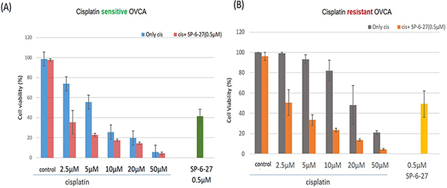 SP-6-27 and cisplatin combination treatment exhibits enhanced cytotoxicity towards ovarian cancer cells.