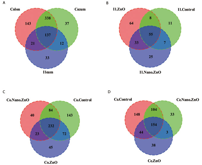 Venn diagrams of bacterial communities and bacterial OTUs in different parts of intestine among three treatments.