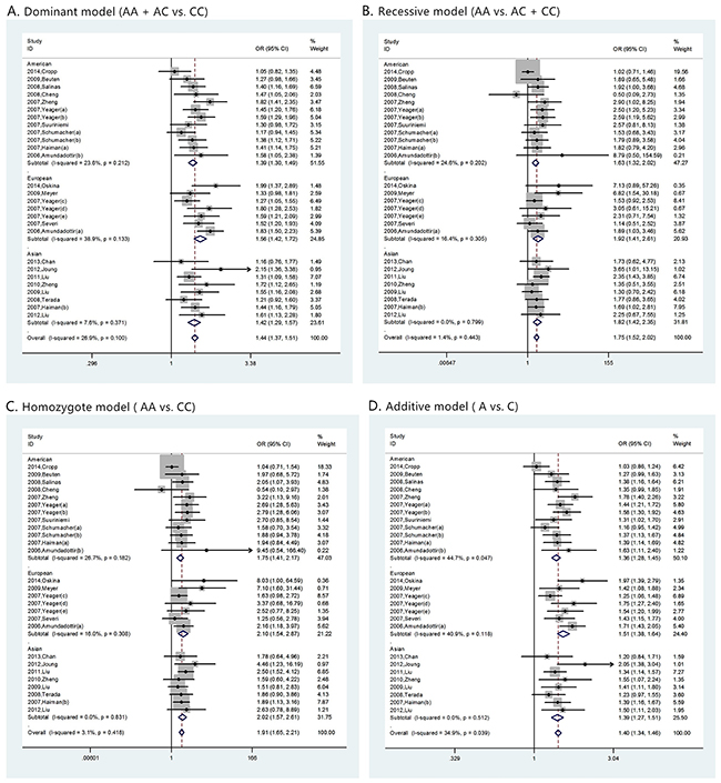 The forest plots of prostate cancer in different genetic models.