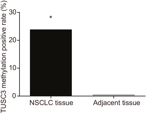 Comparison of the TUSC3 methylation rate between NSCLC and adjacent normal tissue; *, P &#x003C; 0.05 compared to adjacent normal tissue.