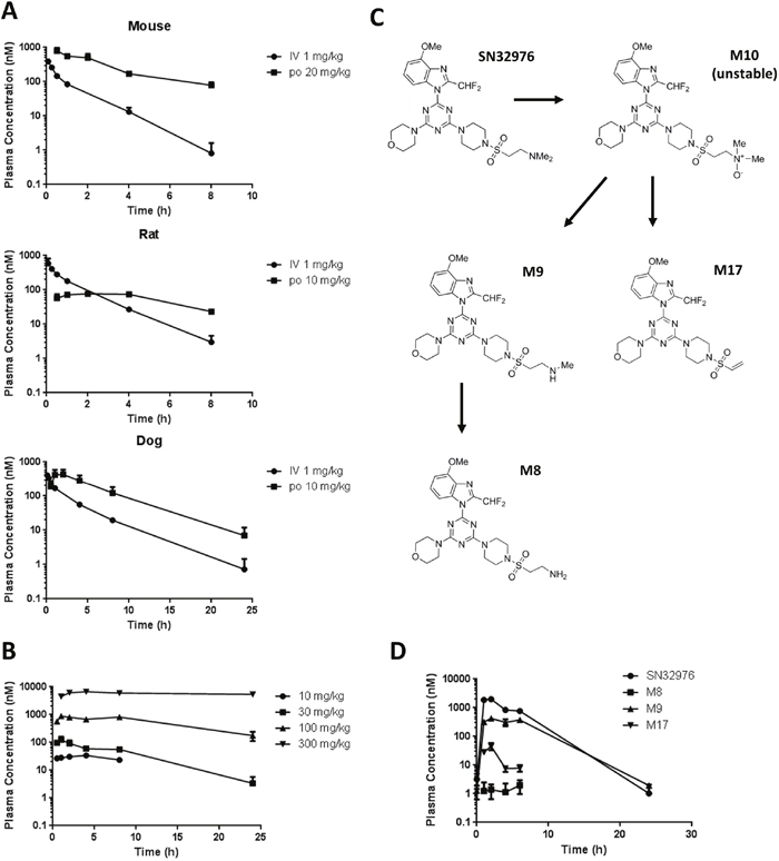Plasma pharmacokinetics of SN32976 and its major metabolites.