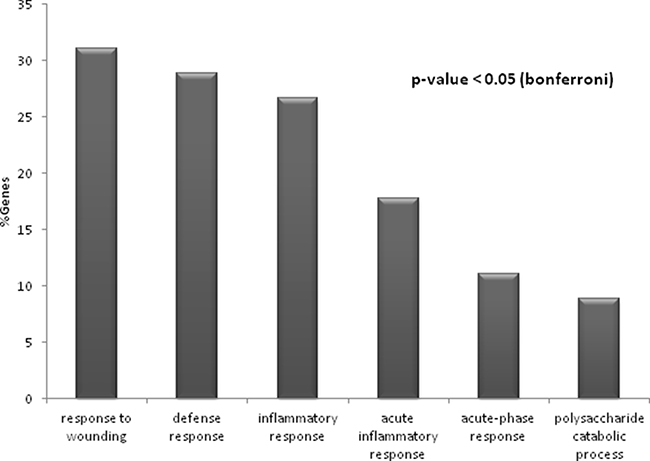 Significantly enriched processes (p-value &#x003C; 0.05) identified for the entire set of 48 altered proteins in response to hypertension and albuminuria.