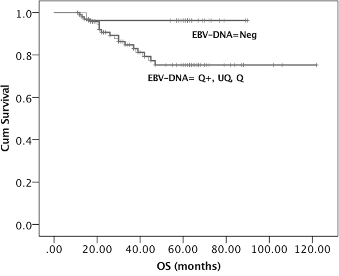 Kaplan-Meier survival curves showing the probability of OS in locally advanced EBER positive NPC patients.