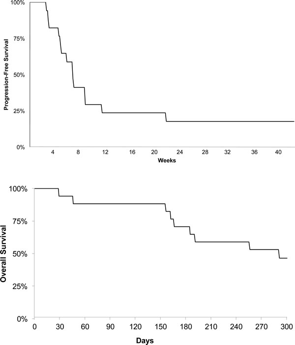 Kaplan&#x2013;Meier curve for (A) progression-free survival and (B) overall survival.