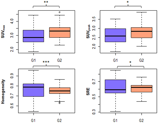 G1 vs. G2 in VOI-L for the 4 features that were significanly different between groups (original images) (*: 0.01&#x003C;p&#x003C;0.05, **: 0.001&#x003C;p&#x003C;0.01, ***: p&#x003C;0.001).