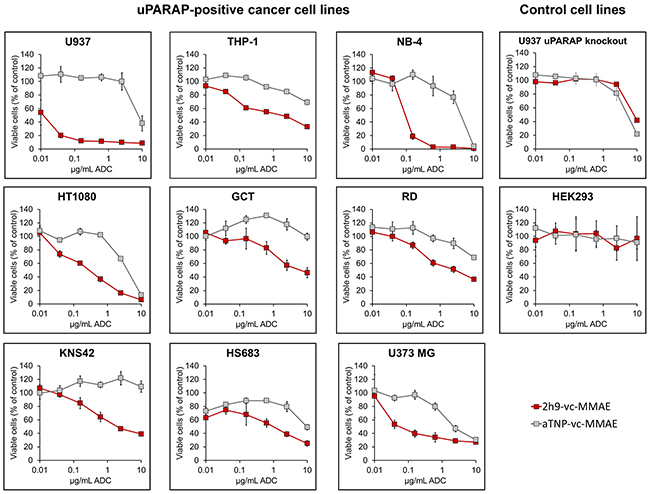 Effect of uPARAP-directed ADC 2h9-vc-MMAE on uPARAP-positive cancer cells in vitro.