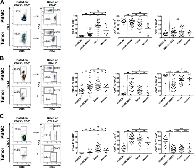 Expression of immune checkpoint molecules on T cells in HNSCC patients.