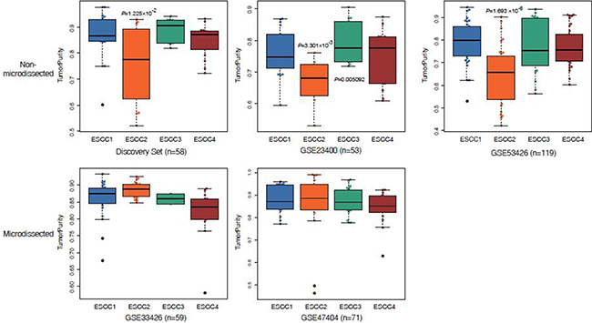 Box plots display reduced tumor purity in ESCC2 tumors.
