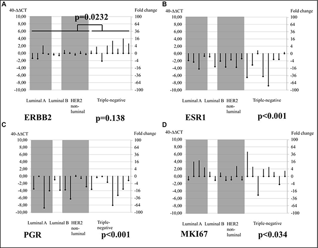 Changes from PT baseline in brain MT mRNA levels of tumor biomarkers, by tumor subtype.