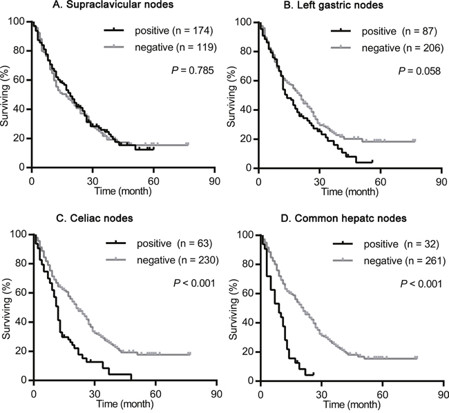 Survival analysis according the metastasis status of supraclavicular nodes, left gastric nodes, celiac nodes and common hepatic nodes in the whole population.