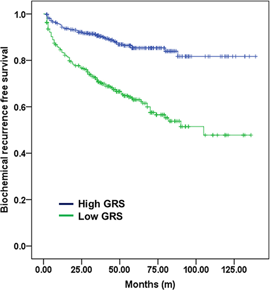 Biochemical recurrence-free survival according to GRS (-2.0) among all patients.