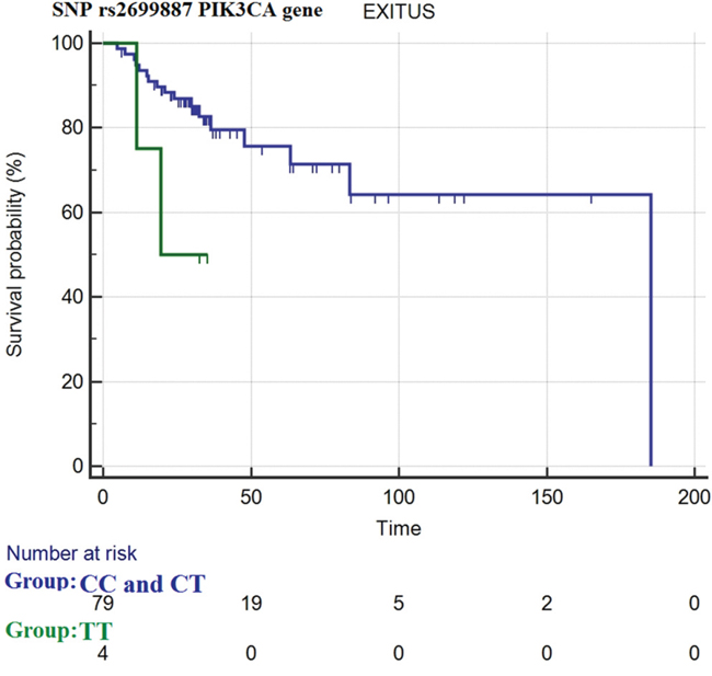 overall survival curves for SNP rs2699887 of PIK3CA gene in homozygous dominant (genotype CC) and heterozygous (genotype CT) patients (blue curve) and homozygous recessive patients (genotype TT) (green curve).