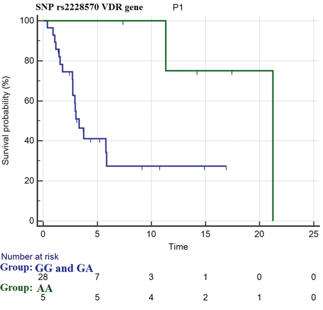 progression free survival for SNP rs2228570 of VDR gene in homozygous dominant (genotype GG) and heterozygous patients (genotype GA) (blue curve) and homozygous recessive patients (genotype AA) (green curve).