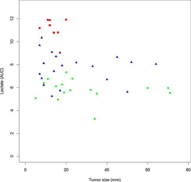 Correlation between lactate plasma level and tumor size in EBC patients.