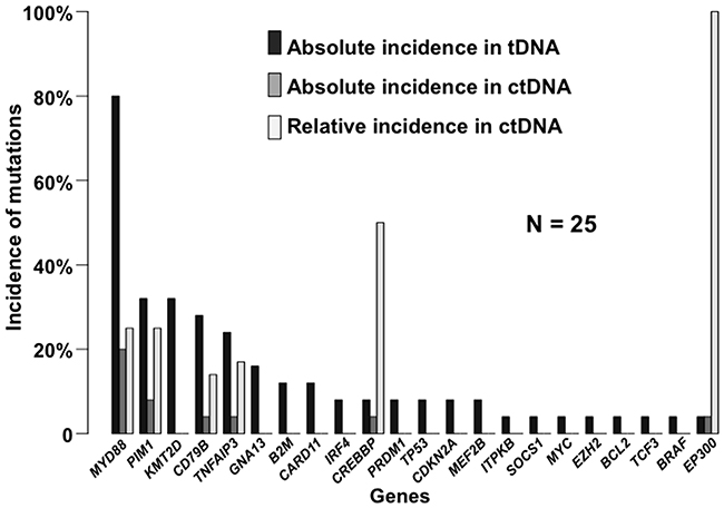 The incidence of somatic mutations in PCNSL identified by Lymphopanel sequencing, and in the matched ctDNA according to the targeted panel sequencing.