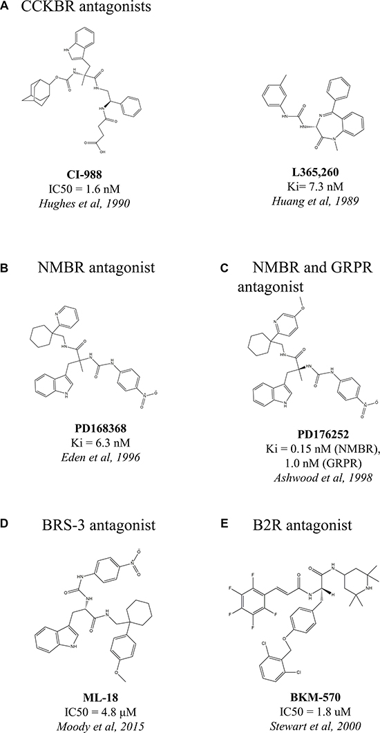 Chemical structures of non-peptide antagonists of overexpressed peptide GPCRs in lung cancer.