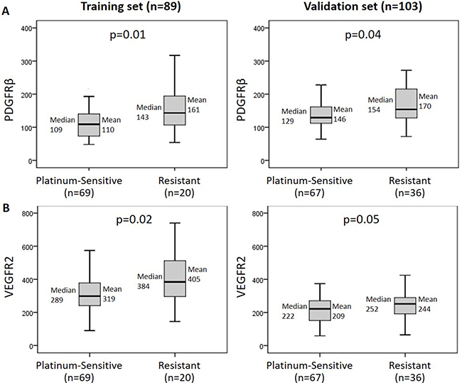 Increased PDGFR&#x03B2; and VEGFR2 protein levels are associated with platinum resistance.