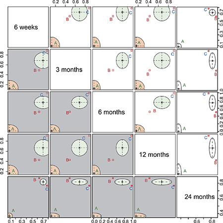 Plot of cluster analysis based on the SUCRA values with respect to CMS follow-up time. The follow-up times were six weeks, three months, six months, 12 months and 24 months.