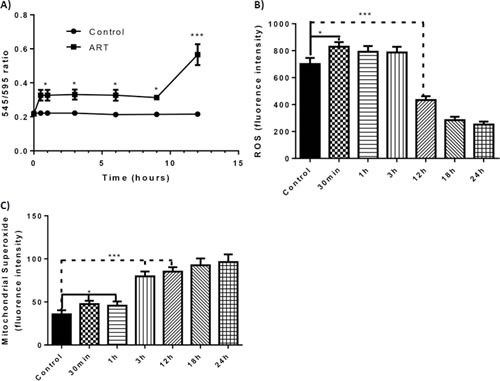 Effect of ART to the mitochondrial membrane potential, cellular level of ROS and mitochondrial superoxide through the course of time and timing of apoptosis.