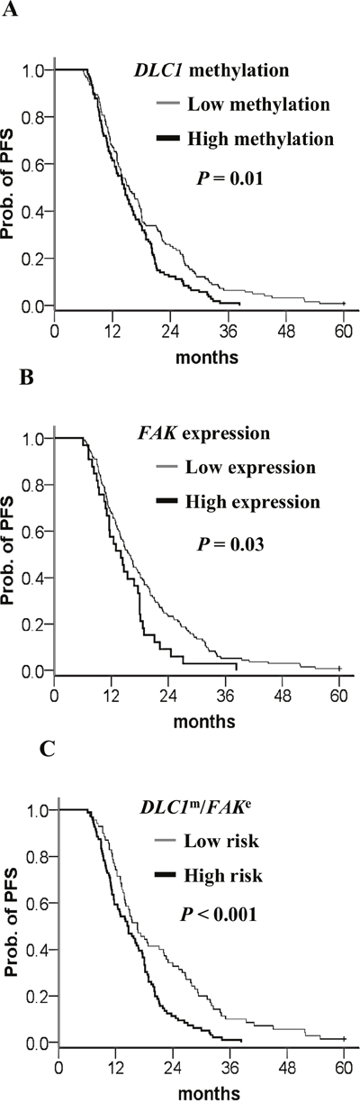Kaplan&#x2013;Meier curves of the risk groups in TCGA ovarian cancer patients with suboptimal debulking and the probability of PFS predicted by the DLC1 methylation status, FAK expression status, and combined signatures.