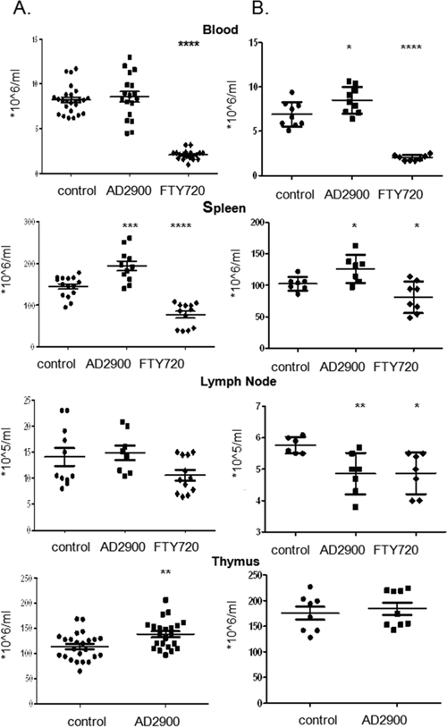 AD2900 treatment alters the distribution of leukocytes in the thymus, blood, spleen, and peripheral lymph nodes in mice.