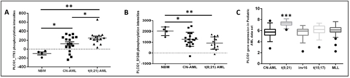 Higher PLC-&#x03B3;1 peptide phosphorylation in t(8;21) AML.