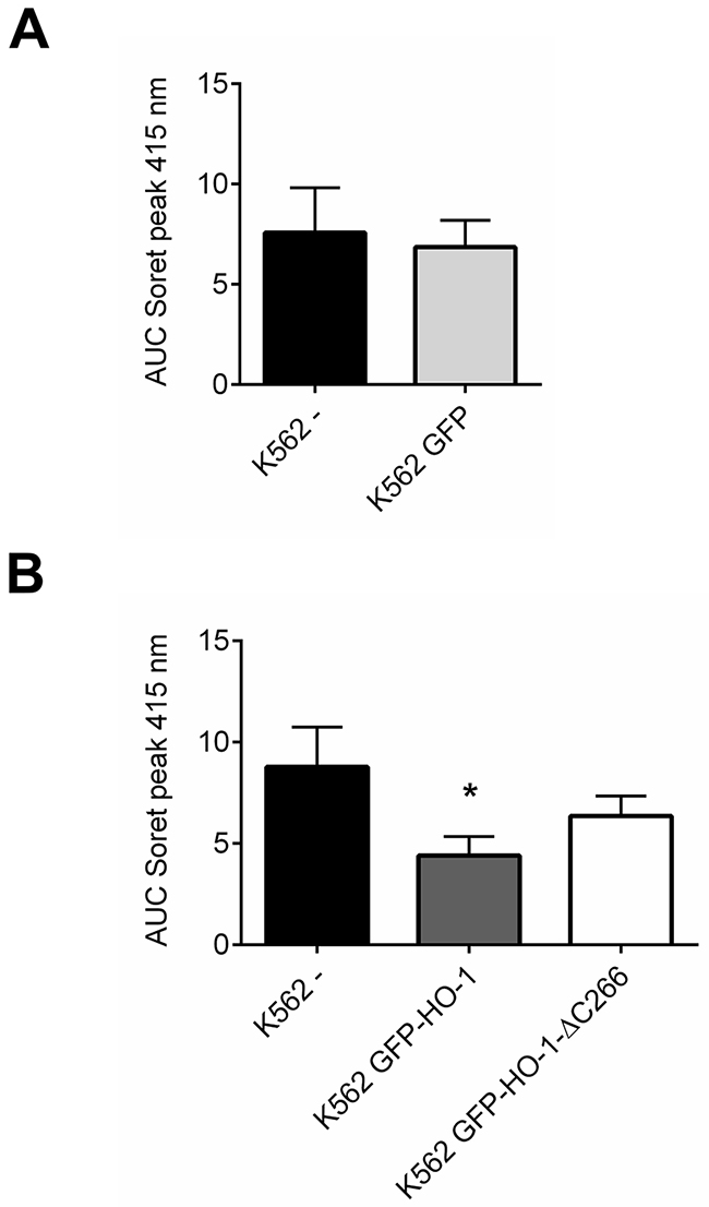 Comparison between HO-activity of untransfected or GFP expressing control cells and K562 cell lines expressing ER resident HO-1 or the anchorless HO-1 variant.