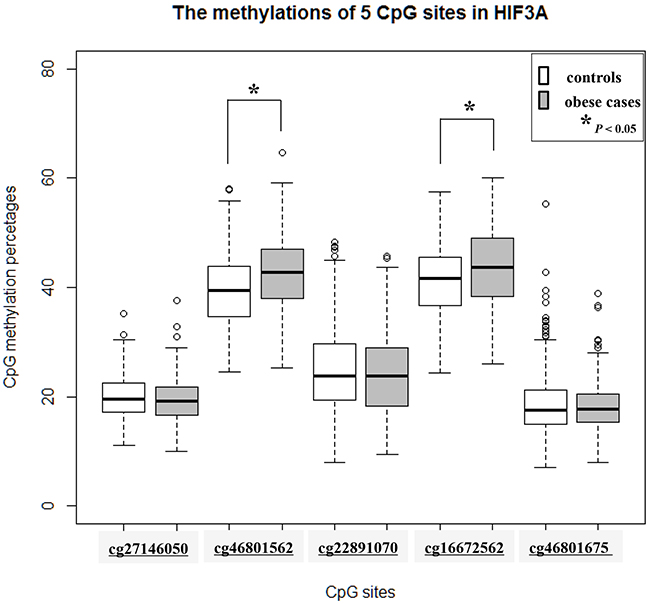 Boxplot of 5 CpG DNA methylation in Korean childhood obesity (n=667).