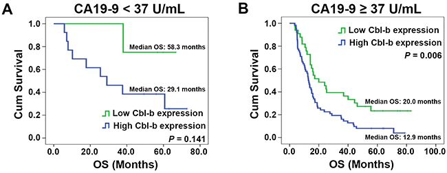 Overall survival (OS) in patients with different CA19-9 levels according to Cbl-b expression.