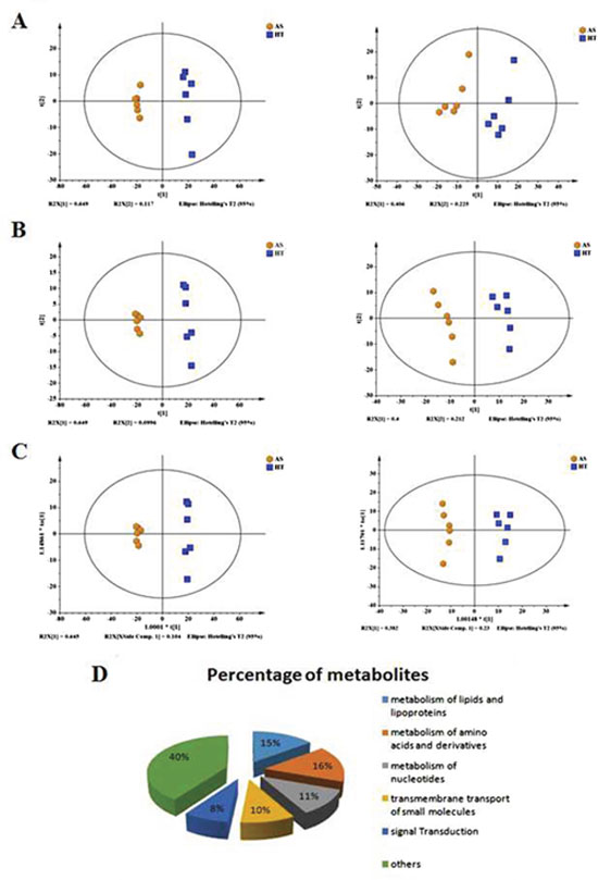 Scoring plots with PCA, PLS-DA and OPLS models of metabolites in control (HT, blue) and arsenic treatment (AS, yellow).