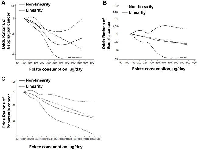 Linearity and non-linearity relationships between dietary folate intake and risk of esophageal cancer (A), gastric cancer (B) and pancreatic cancer (C).