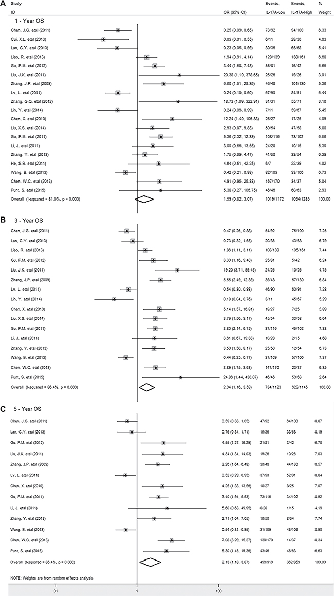 Forest plots describing ORs of the association between intratumoral IL-17A expression and OS at 1-year, 3-year, 5-year.