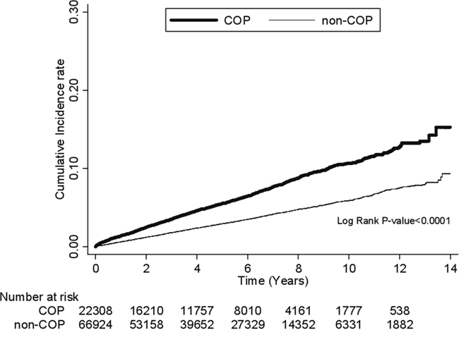 Comparison of the risk for DM between COP and non-COP patients by Kaplan-Meier&#x2019;s method and log-rank test.