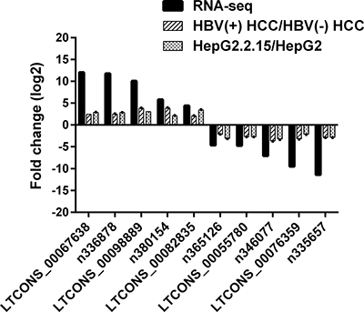 Validation for the expression of 10 randomly selected lncRNAs using RT-qPCR.