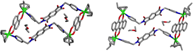 Single Crystal X-ray structures of metallacycles 4 and 5 with encapsulated guest diethyl ether molecules.
