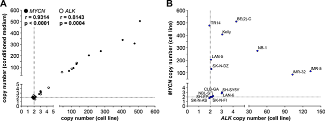 MYCN and ALK copy numbers determined by ddPCR of genomic DNA correlate with copy numbers determined from the corresponding cell-free DNA.