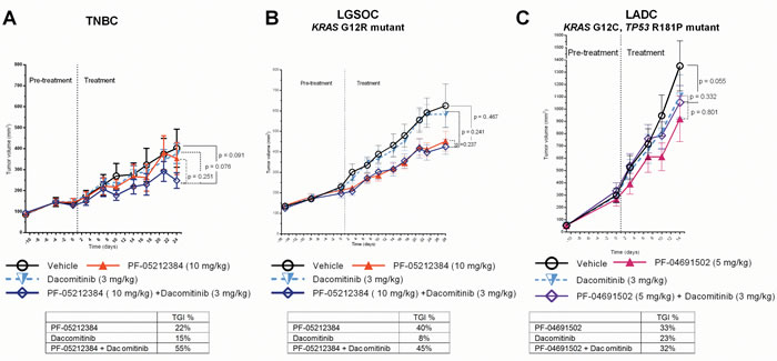 Combined dacomitinib and PI3K-mTOR inhibitor in PTEN-deficient PDX.