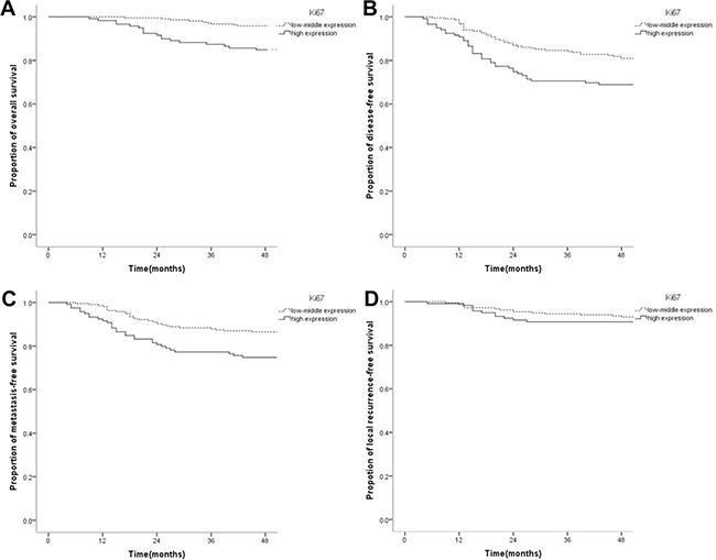 Kaplan-Meier survival curves of nasopharyngeal carcinoma patients with low-medium and high Ki67 levels.