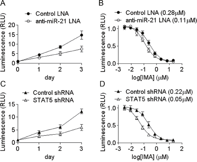 Decreased growth rate and increased sensitivity to imatinib induced by miR-21 and STAT5 knock-down.