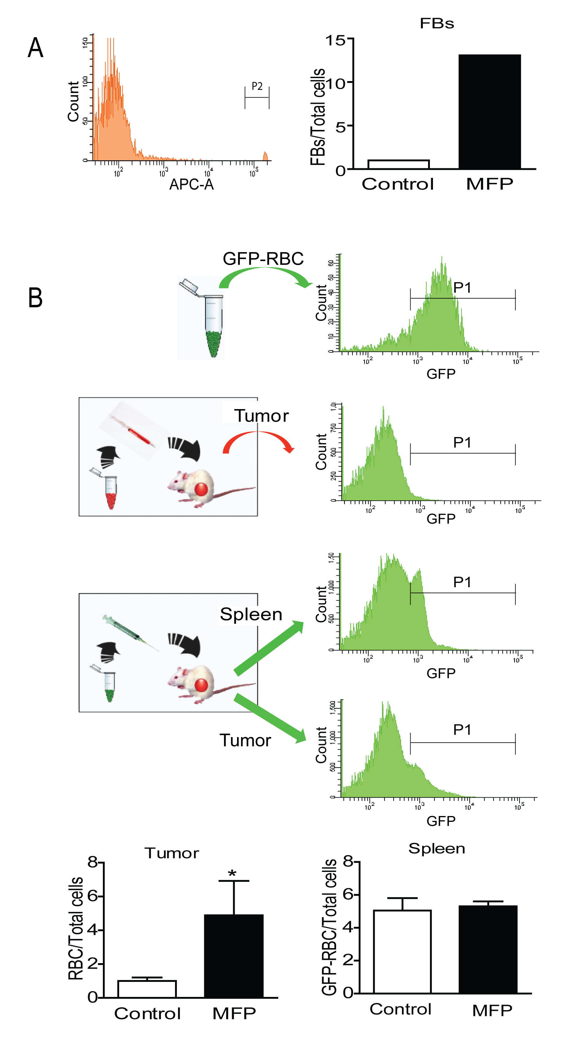 MFP increased the amounts of FB or GFP-RBC in tumors with higher levels of PRA than PRB.