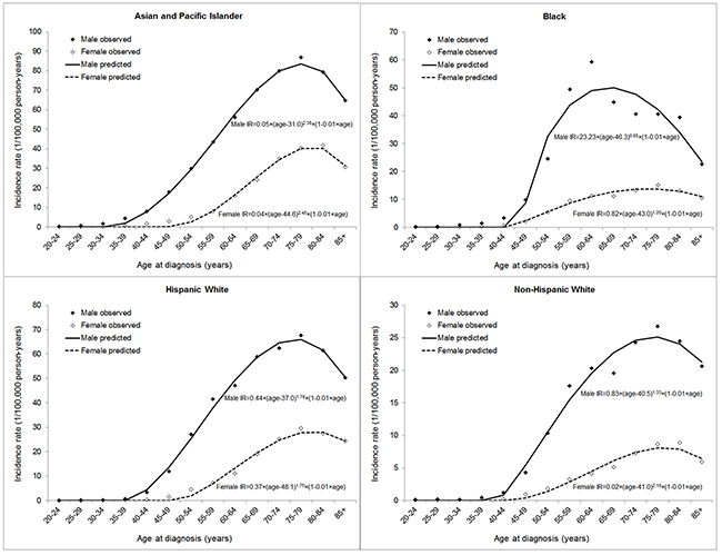 Modelling of age-specific incidence rate (IR) of hepatocellular carcinoma by sex and racial/ethnic group.