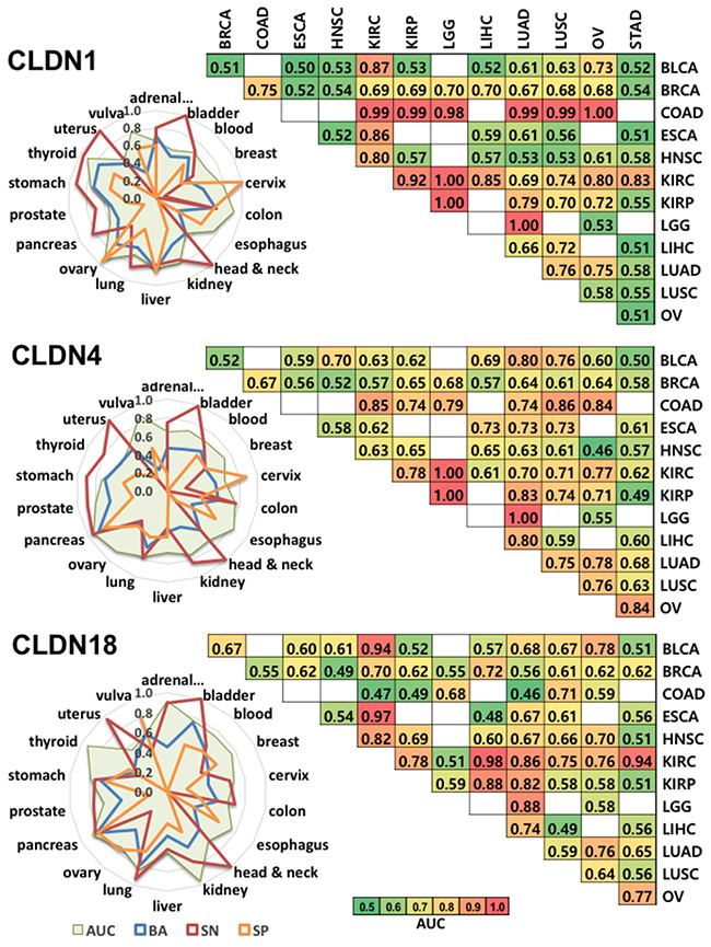 This figure shows CANES evaluation of expression of CLDN1, CLDN4, and CLDN18, as individual biomarkers for discriminating multiple cancer types.